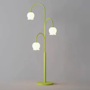 Contemporary green lily floor lamp eye-level frontal view with curved arms and frosted bell shades