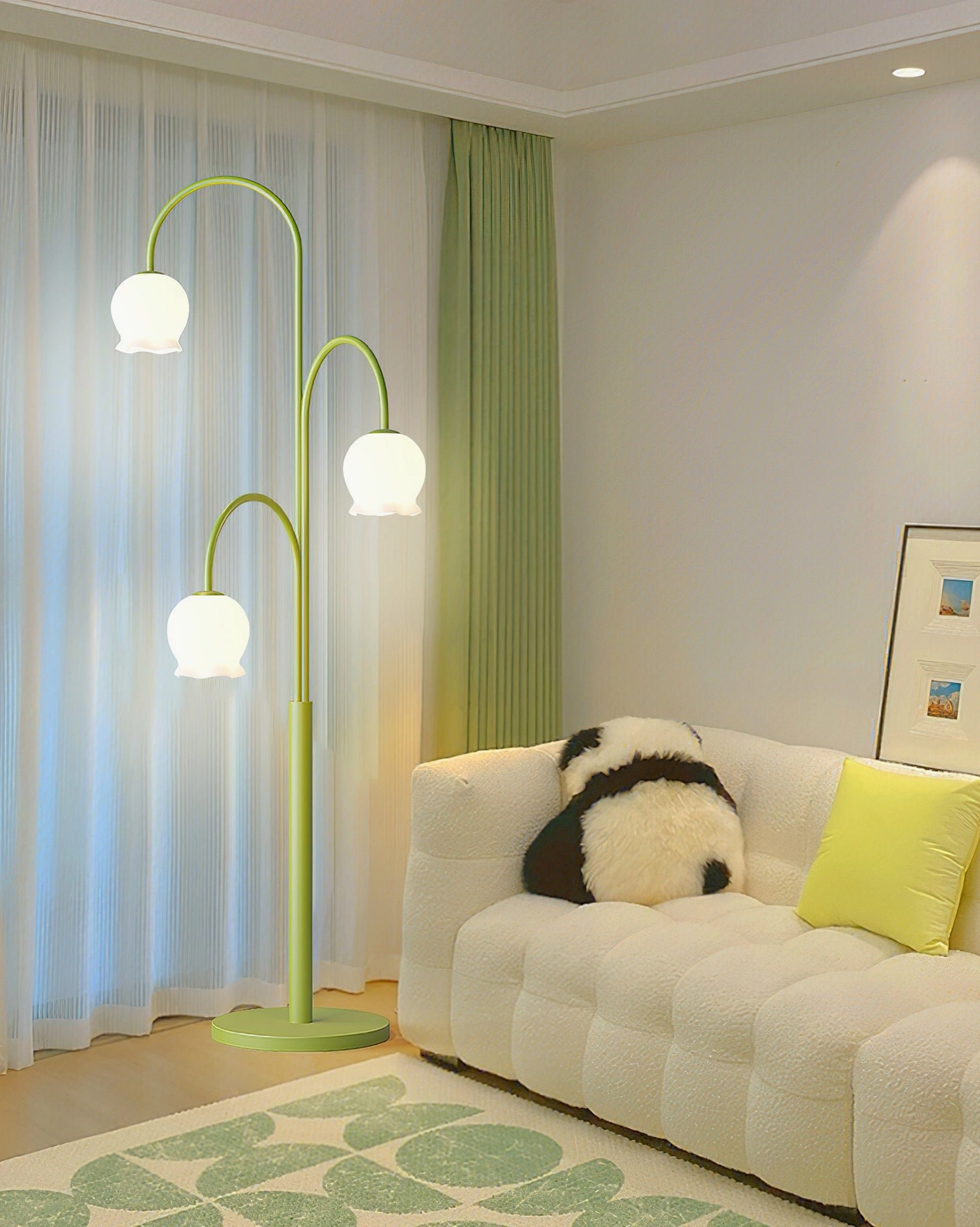 Modern green lily floor lamp in cream living room creating warm ambient lighting