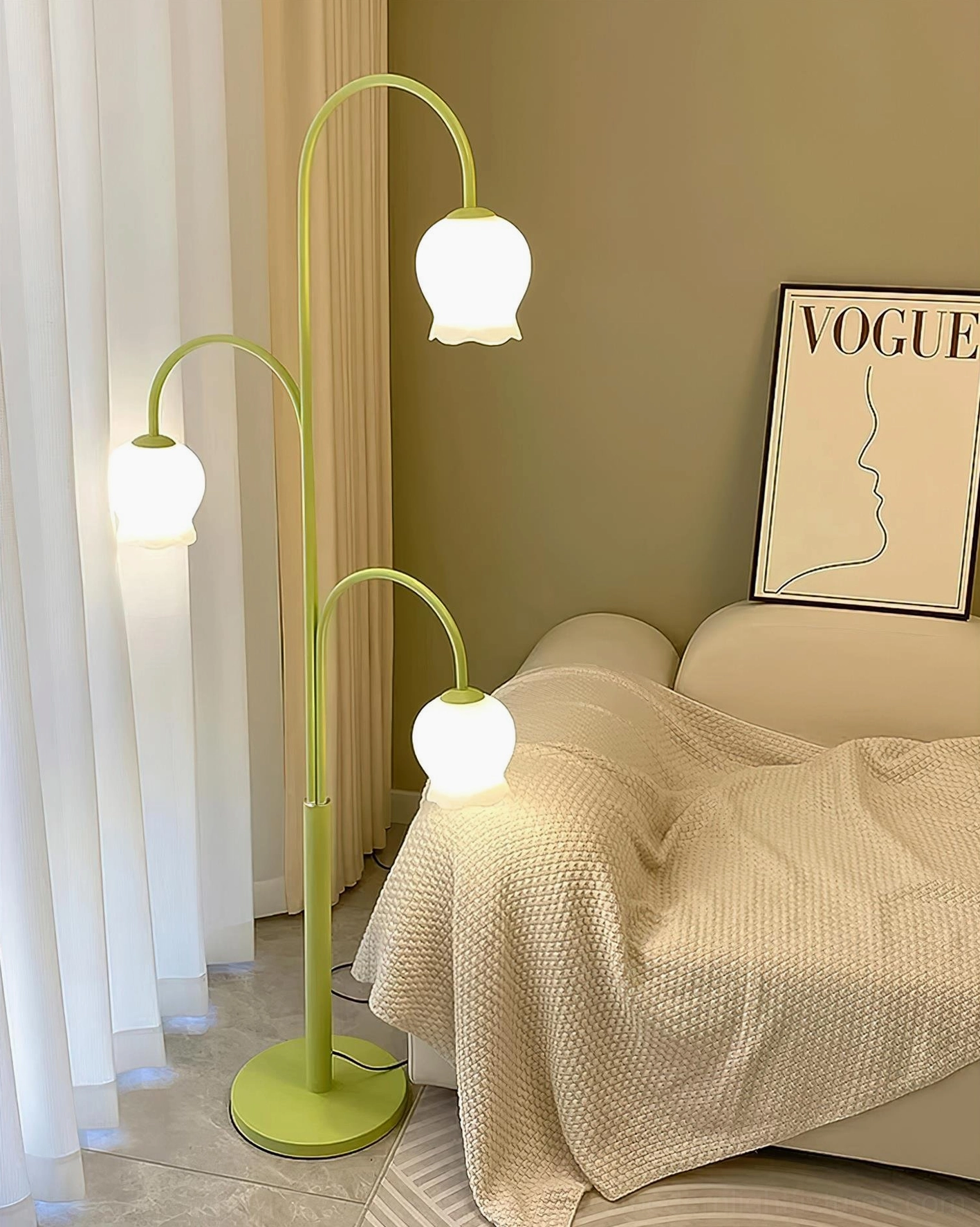 Modern green lily floor lamp three frosted shades contemporary design detail shot