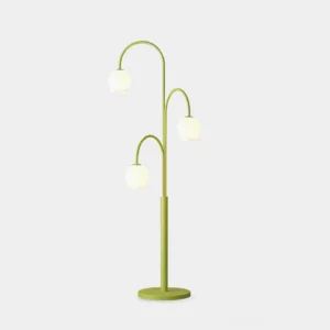 Modern green lily floor lamp with three frosted glass shades on white studio background
