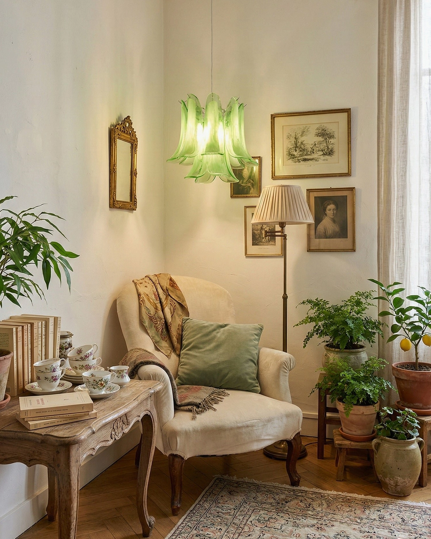 Green glass lily pendant lamp in cozy living nook with botanical home decor