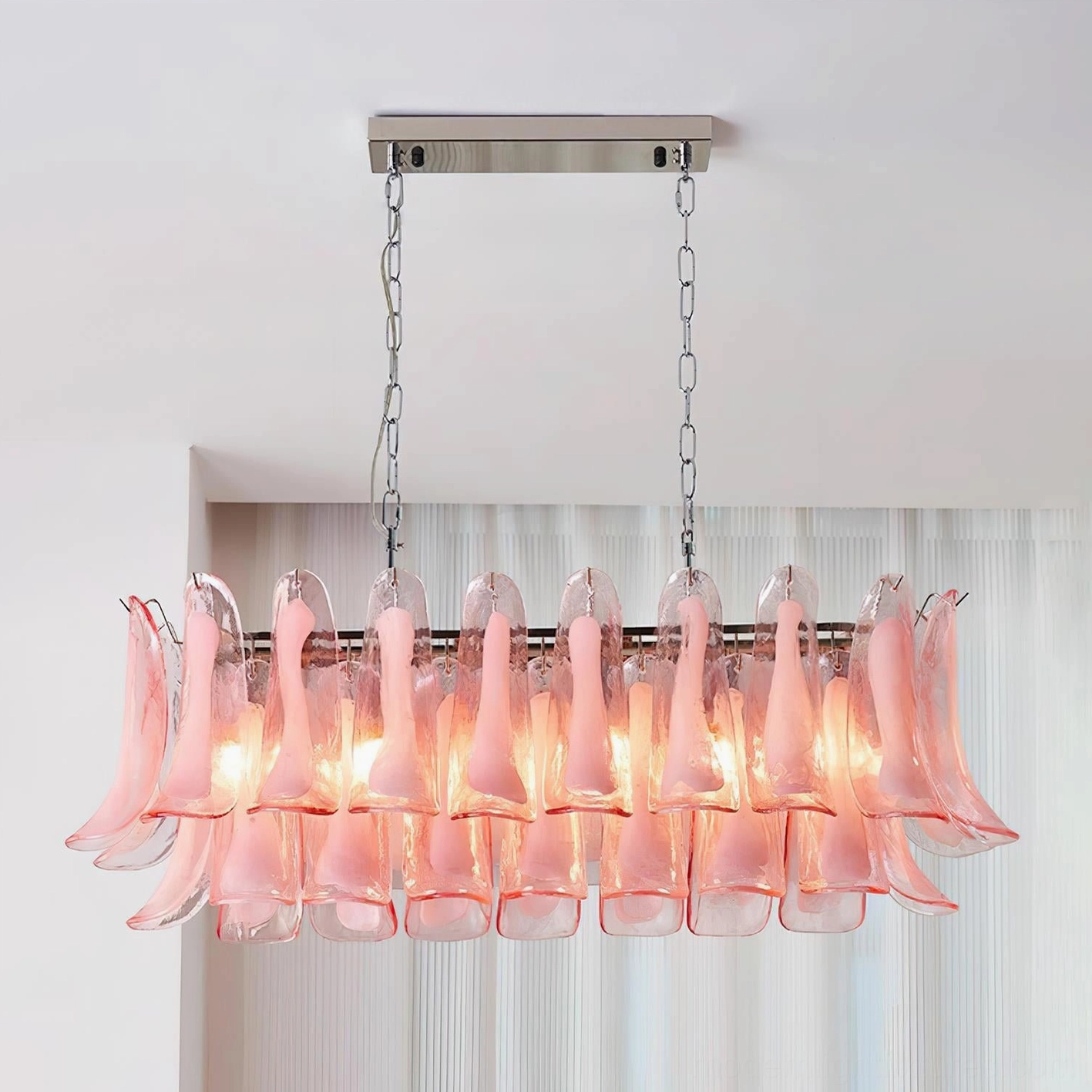 Green lime tulip leaf chandelier statement piece in eclectic modern living room design