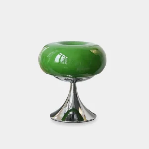 Lollipop modern table lamp with emerald green glass dome and polished chrome base, front view studio photography