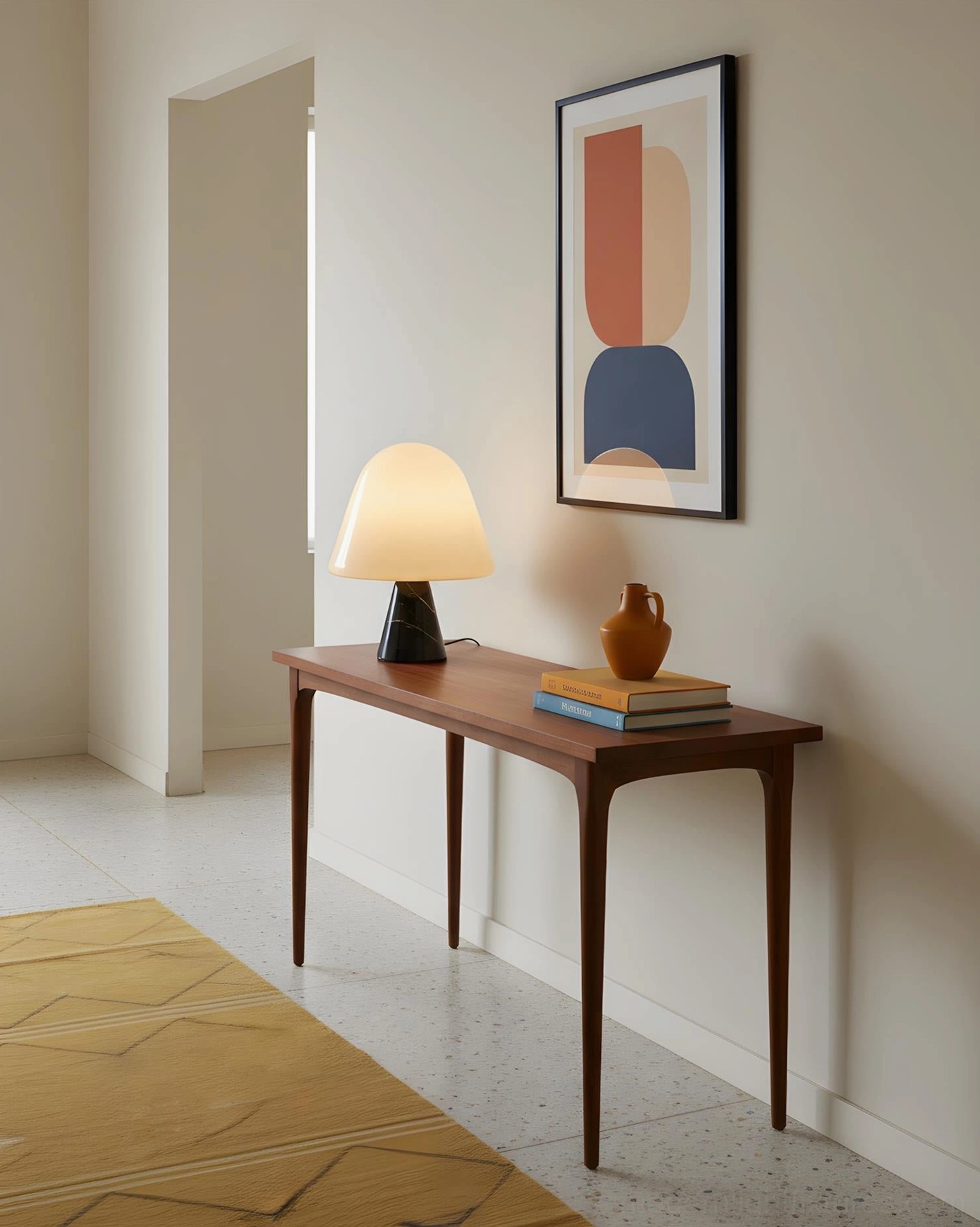 Green marble mushroom table lamp variant showcasing natural stone variation and soft diffused light in mid-century styled room