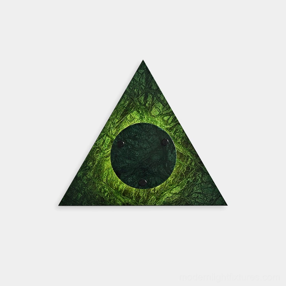 Green marble triangular wall sconce with integrated LED light on white studio background