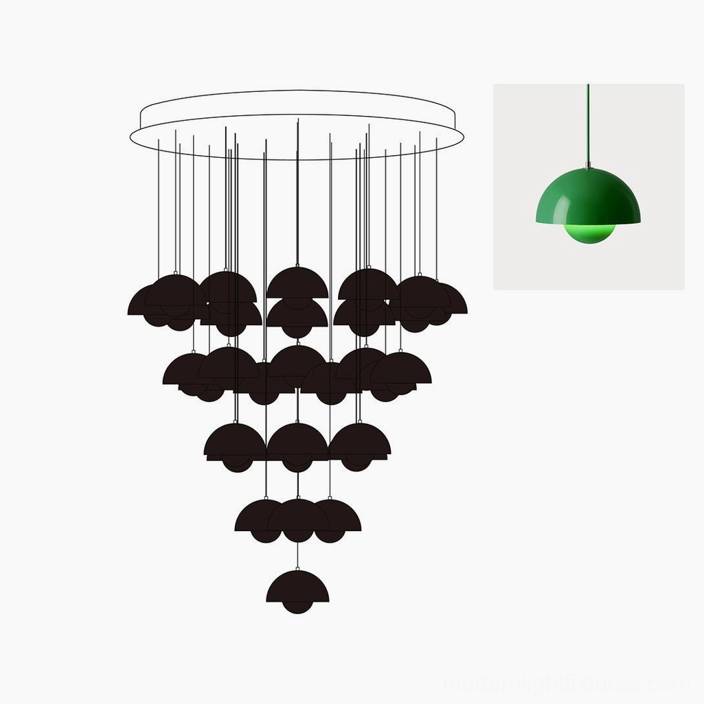 Green matte finish dome pendant chandelier with 31 heads configuration for modern interior spaces