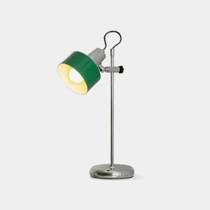 Green mid-century adjustable chrome table lamp with rotatable metal shade, front view on white background