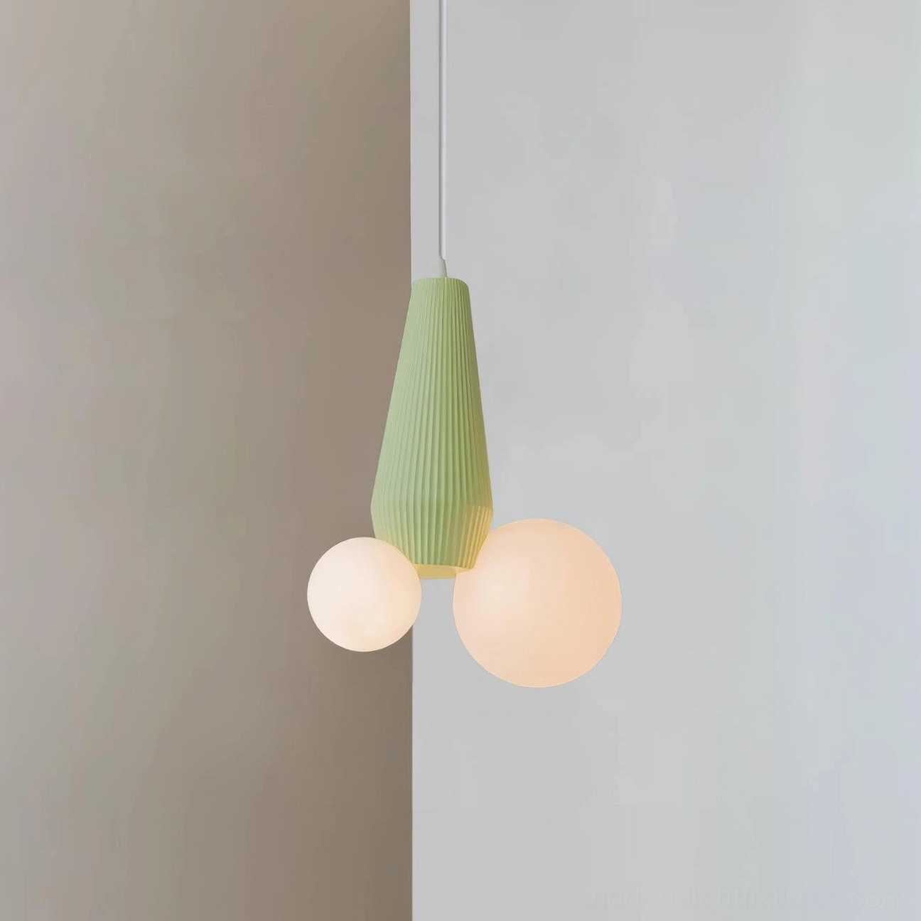 Green contemporary pendant fixture with frosted glass globes - modern interior lighting solution