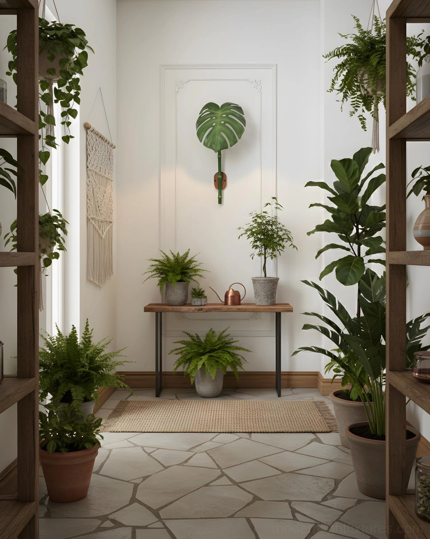 Green monstera leaf wall lamp in boho botanical living space surrounded by hanging and potted plants