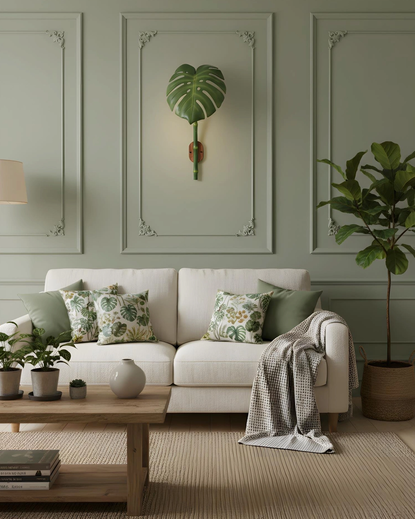 Green monstera leaf wall lamp on ornate paneled wall in modern neutral living room with linen sofa