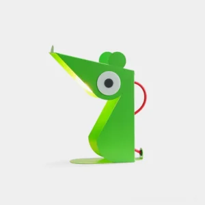 Green cartoon mouse table lamp with metal body shown in studio lighting, left three-quarter view