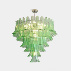 Green gradient hand-blown Murano glass petal chandelier front view with tiered floral-inspired design