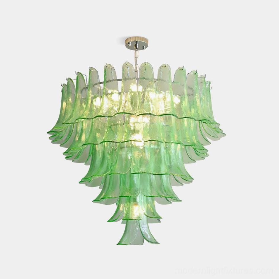 Green gradient hand-blown Murano glass petal chandelier front view with tiered floral-inspired design