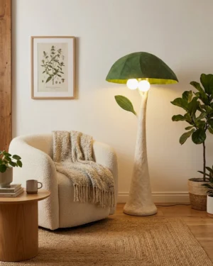 Green mushroom floor lamp in cozy living room setting with potted plants and upholstered armchair, botanical interior design