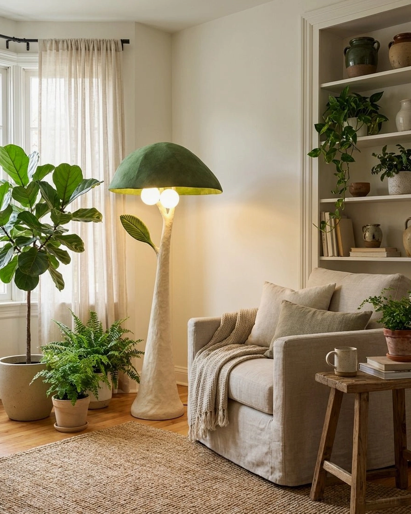 Green mushroom floor lamp in bright casual living room with sofa and multiple plants, whimsical botanical forest design
