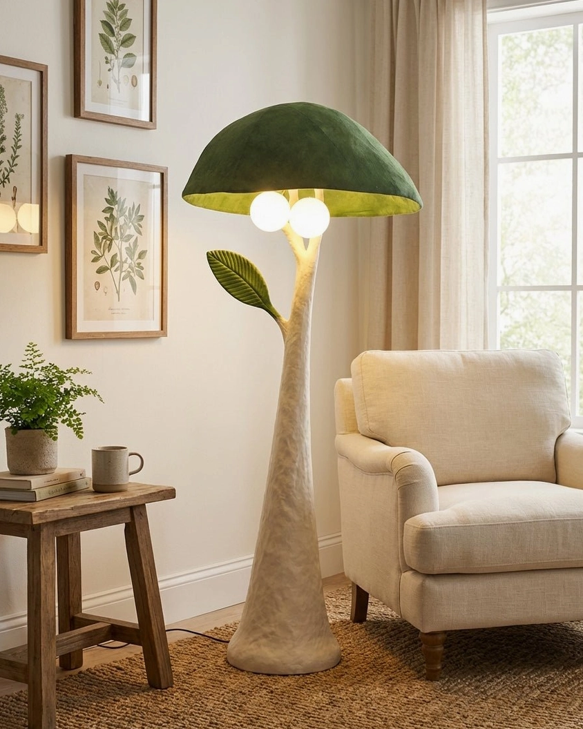 Green mushroom floor lamp in small farmhouse living nook with armchair, warm rustic botanical design