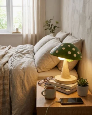 Green spotted mushroom accent lamp on wooden nightstand in bedroom, warm ambient lighting cottagecore style
