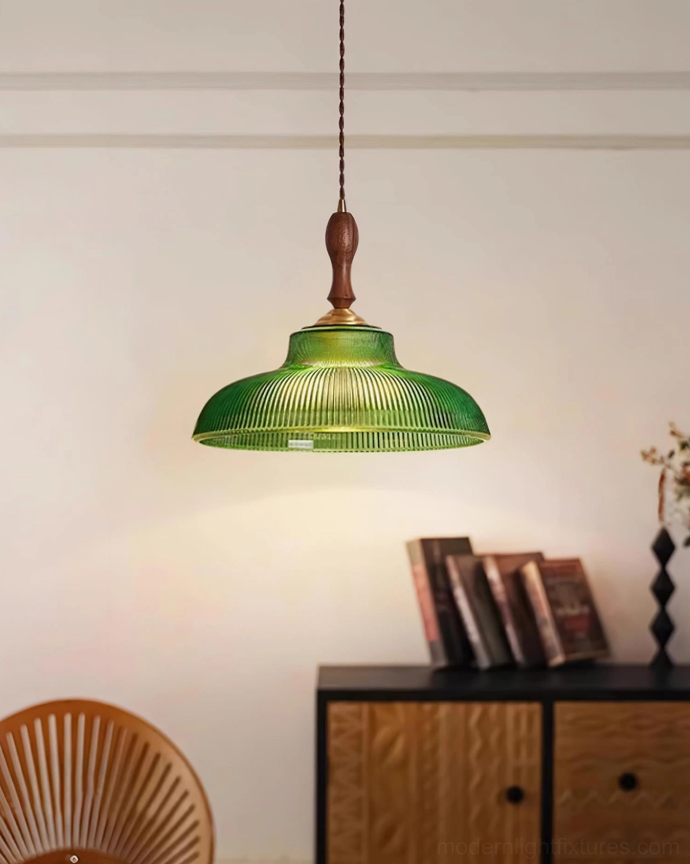 Vintage green glass pendant lamp frontal side view with brass and wood details home sideboard