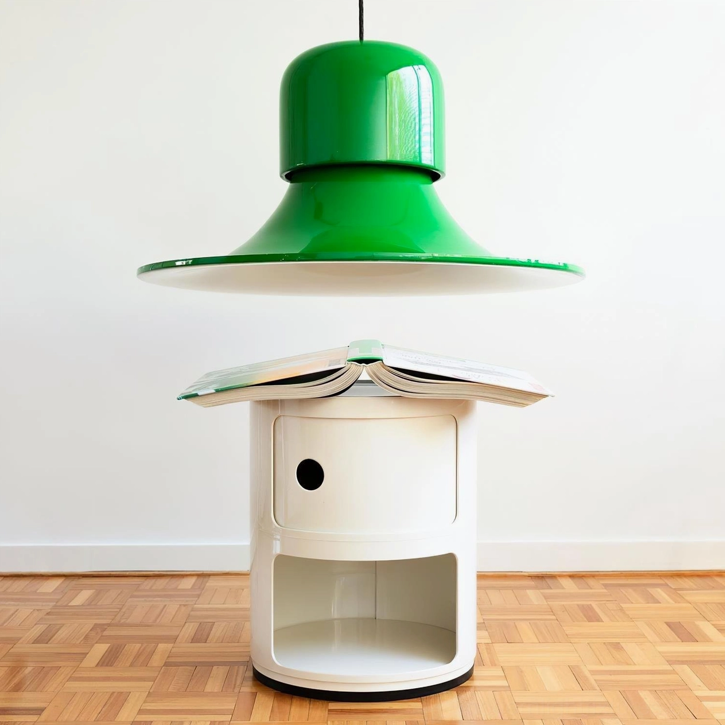 Green Scandinavian pendant lamp installed in minimalist modern interior space