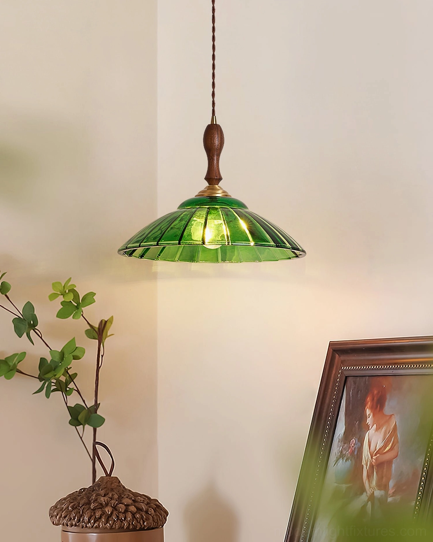 Green ribbed glass pendant lamp side angle view in cozy residential vintage home corner