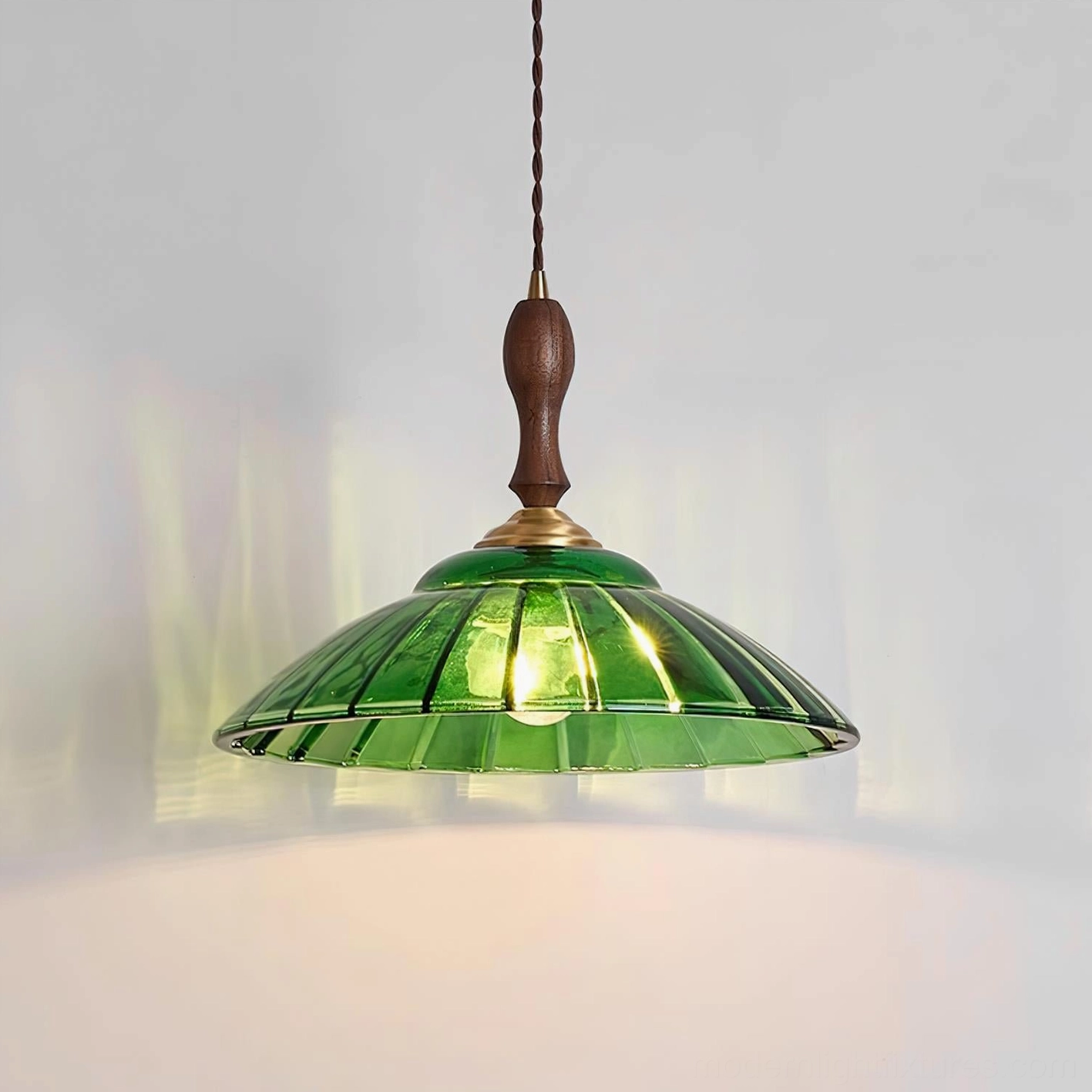 Vintage green ribbed glass pendant lamp in walnut color accent lighting home decor