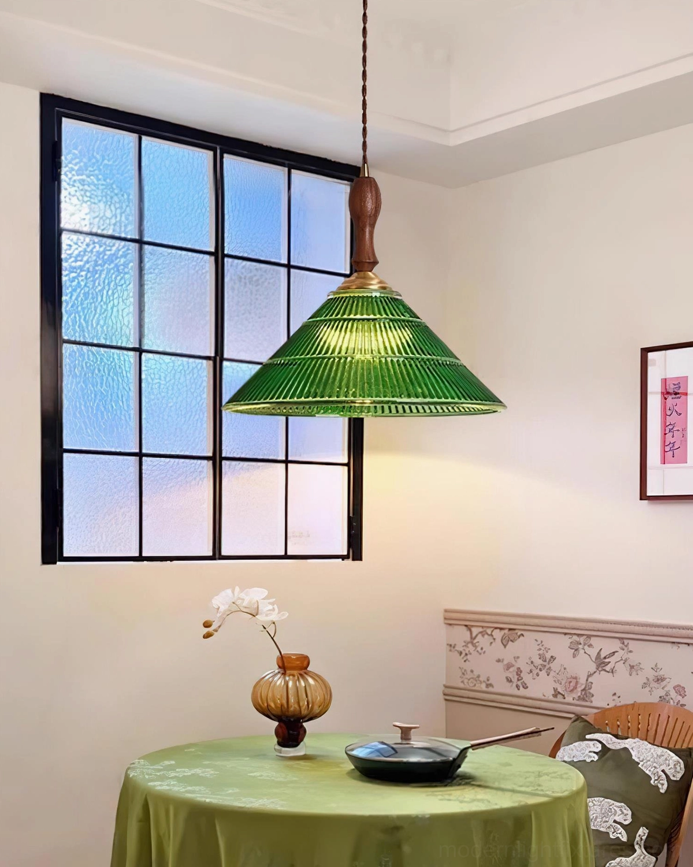Vintage green pendant lamp with walnut wood finial and brass hardware decorative detail