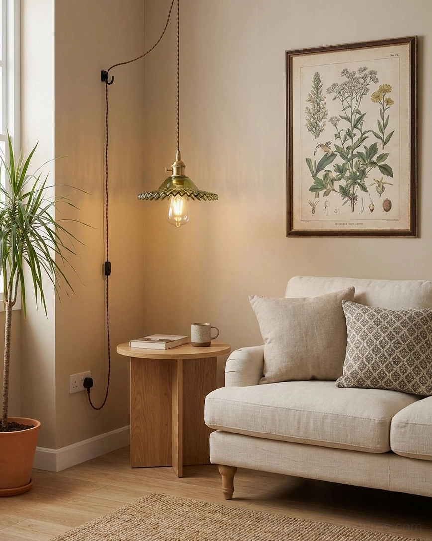 Green glass pendant light with gold vine frame hanging in living room sofa area with botanical wall art