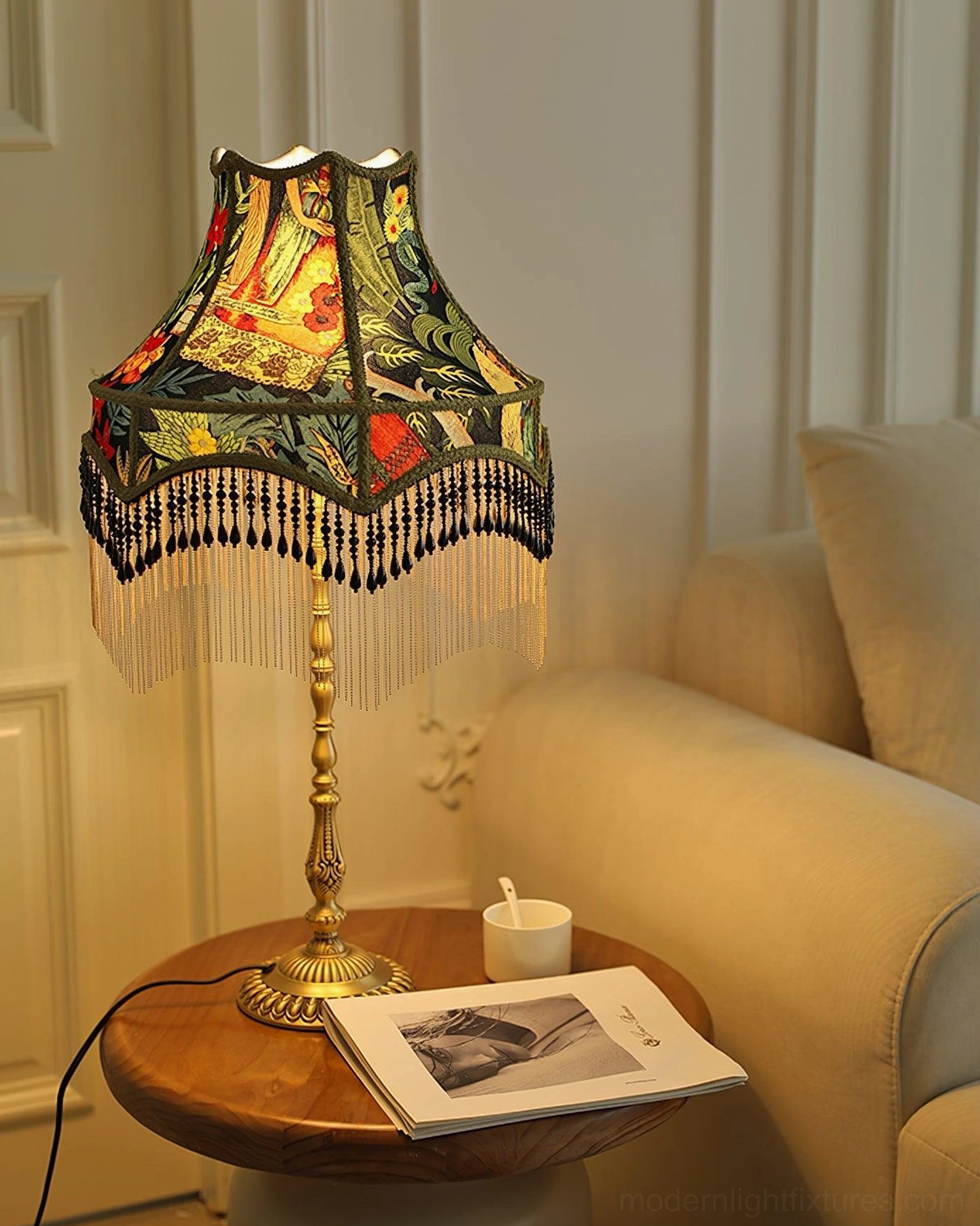 Green peony silk shade table lamp creating focal point in traditional cottage style room