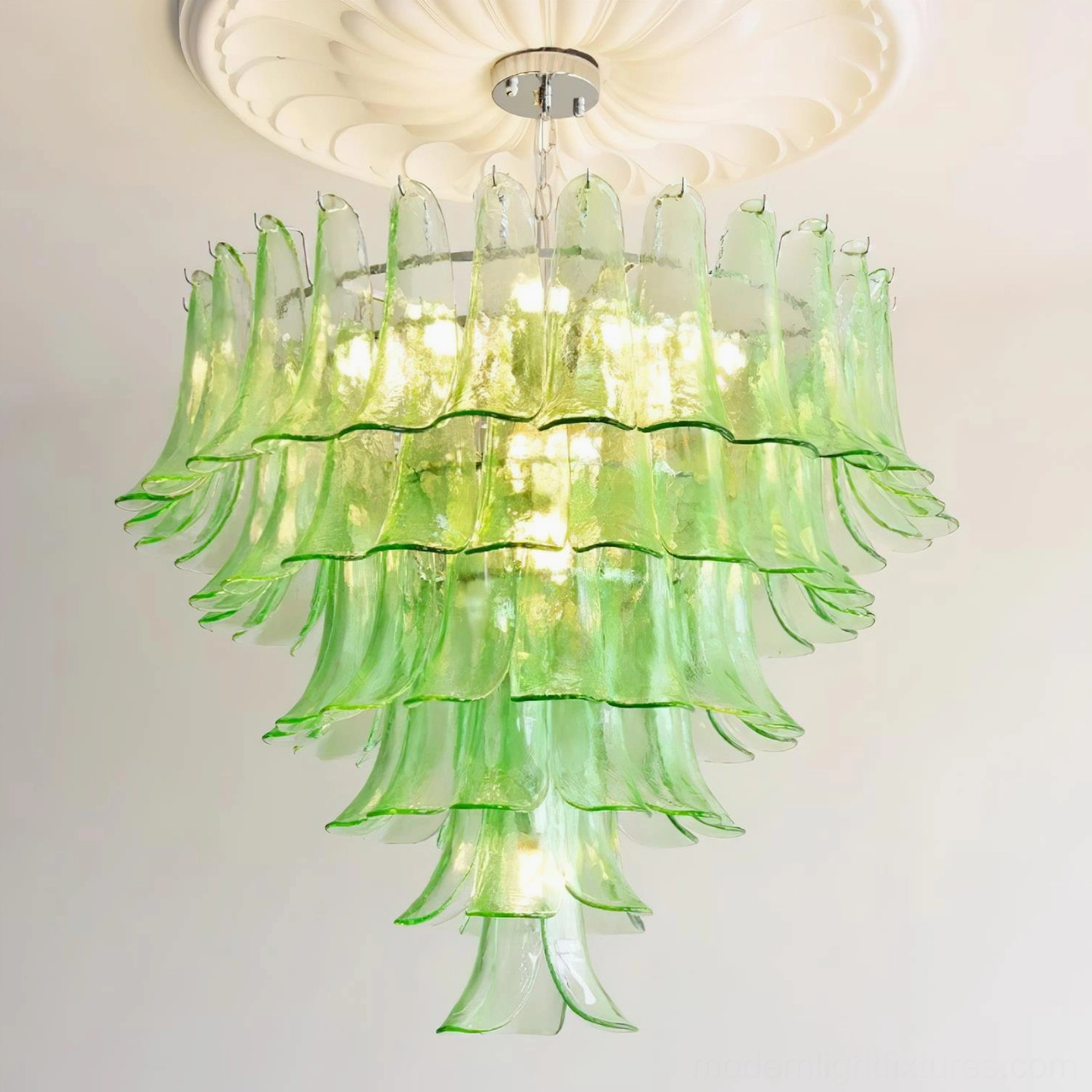 Green glass petal chandelier 6-layer 88cm deep verdant color rich botanical aesthetic