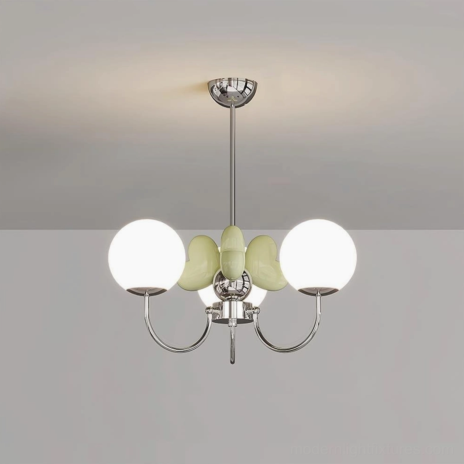 Green petal glass chandelier front view - chrome frame botanical inspired modern pendant light