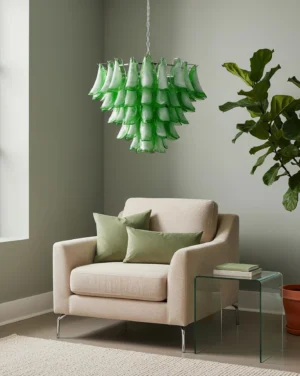 Green petal chandelier installed in modern minimalist living room with matching green wall and beige armchair