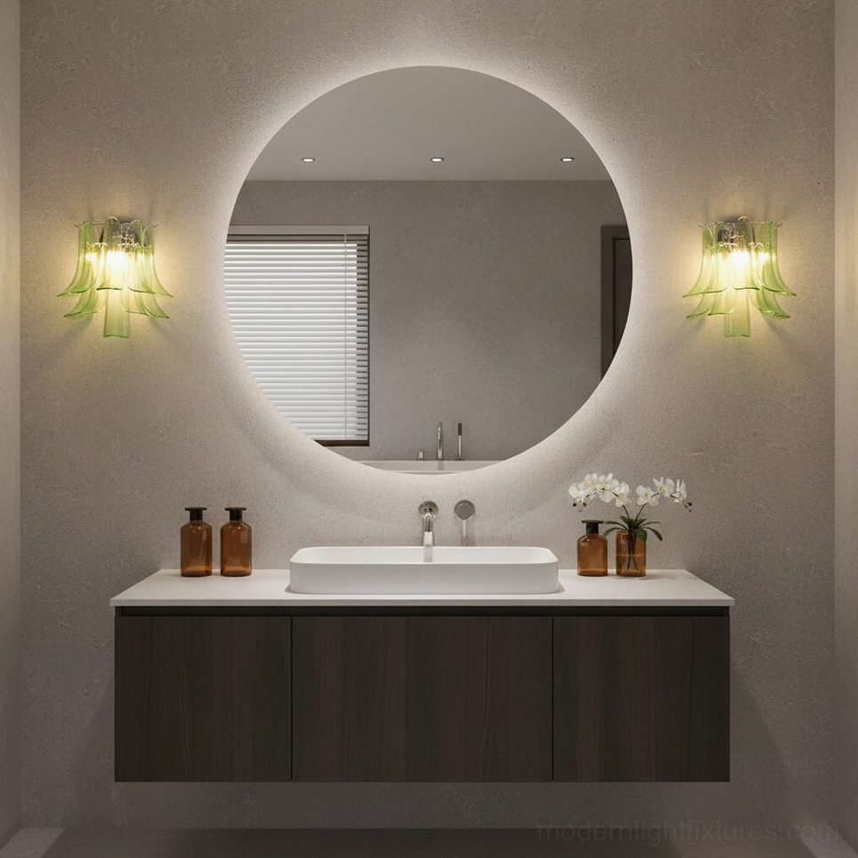 Green petal wall sconces in modern bathroom design, matched pair with backlit round mirror and dark wood vanity