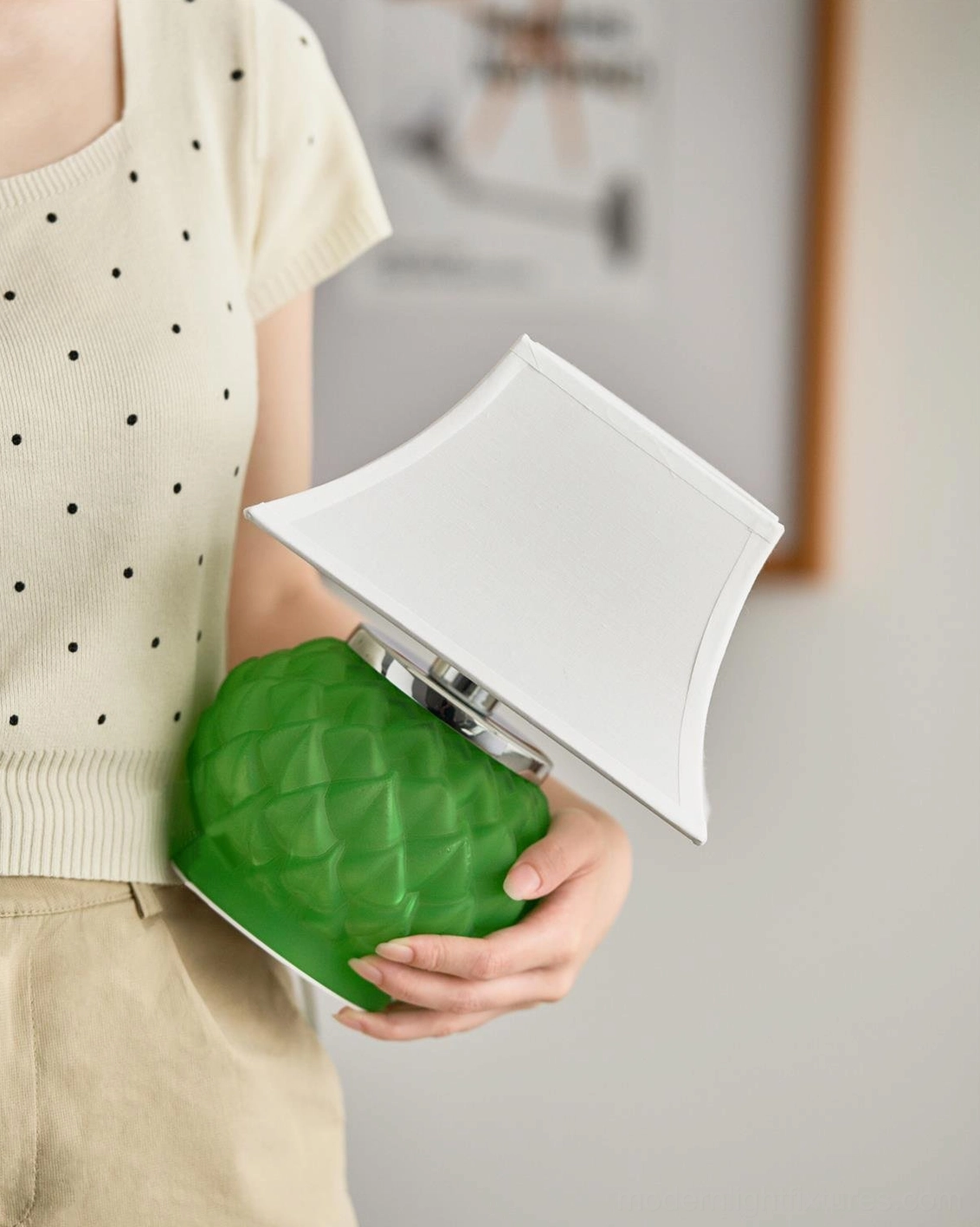 Green Petaluxe table lamp components separated showing sculptural glass base and white fabric shade