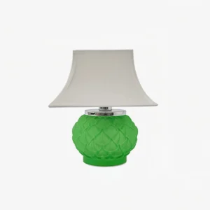 Green Petaluxe table lamp with chrome metal fixture and tailored white empire shade, studio full shot