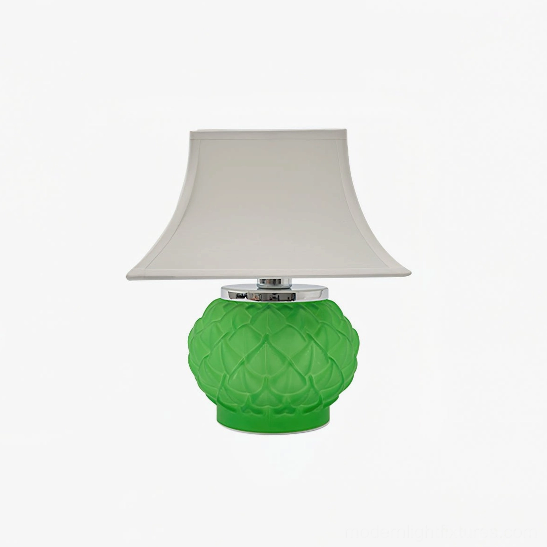 Green Petaluxe table lamp with chrome metal fixture and tailored white empire shade, studio full shot