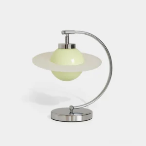Green Planet mid-century modern table lamp with emerald glass sphere and polished chrome base - front studio view