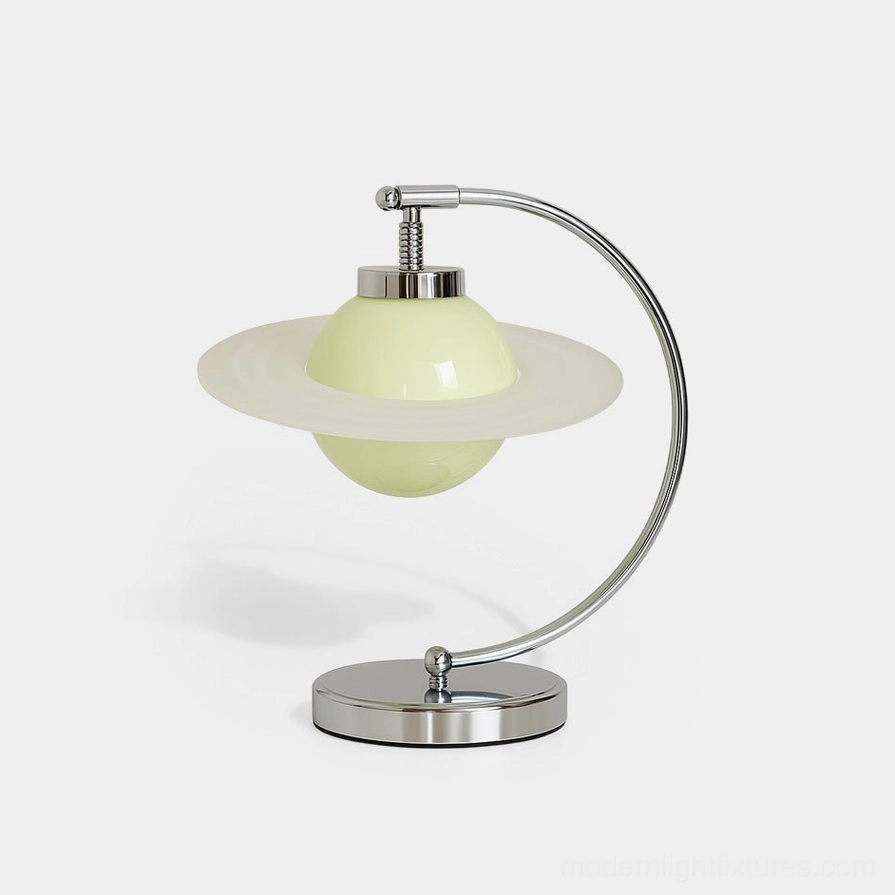 Green Planet mid-century modern table lamp with emerald glass sphere and polished chrome base - front studio view