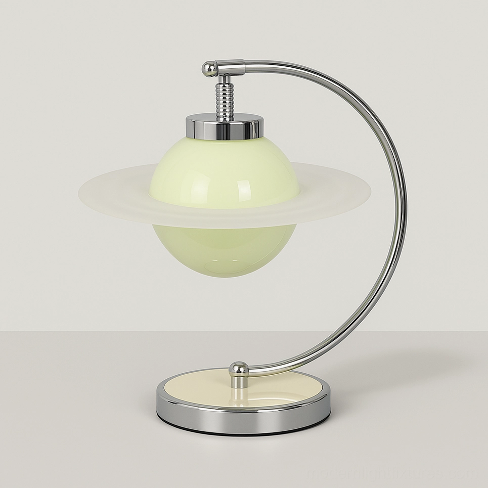 Green Planet table lamp - 30cm diameter x 38cm height mid-century modern design with chrome base and green glass