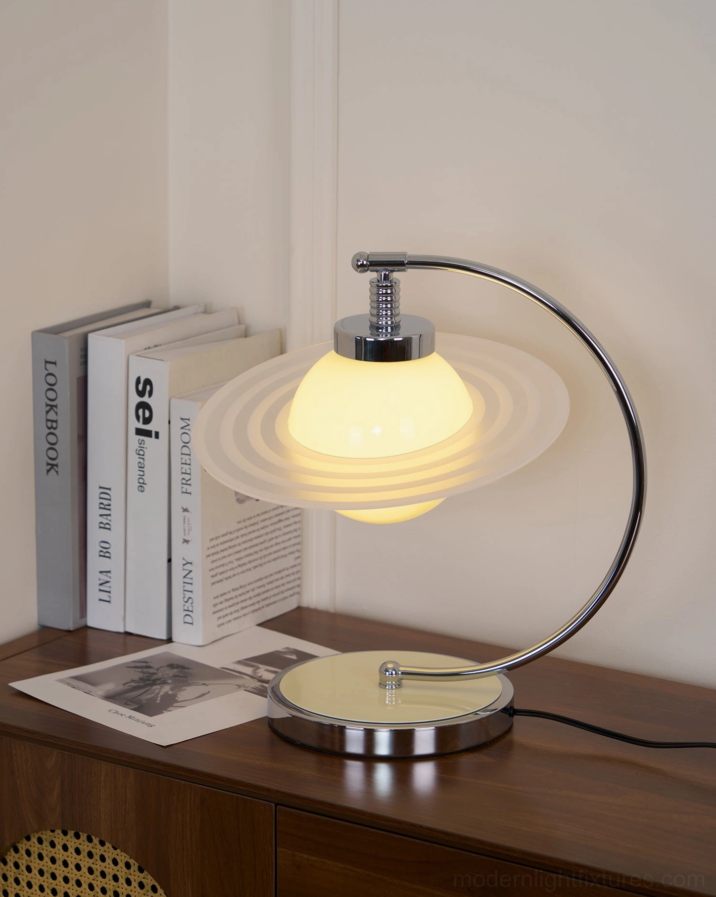 Green planet mid-century modern table lamp with verdant glass sphere and polished chrome finish - product showcase