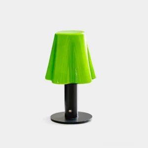 Modern Mossy pleated glass table lamp with bright green glossy shade and black metal cylindrical stand - front minimalist studio view