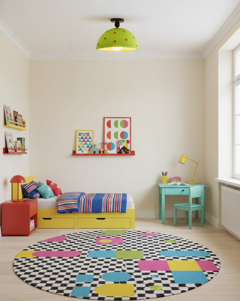 Lime green polka dot dome ceiling light installed in bright colorful kids study space