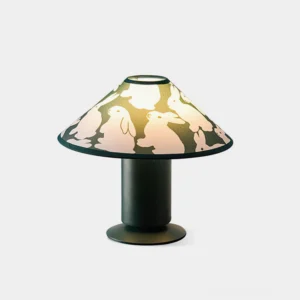 Green rabbit table lamp front view with white fabric shade featuring rabbit illustrations and dark green metal base
