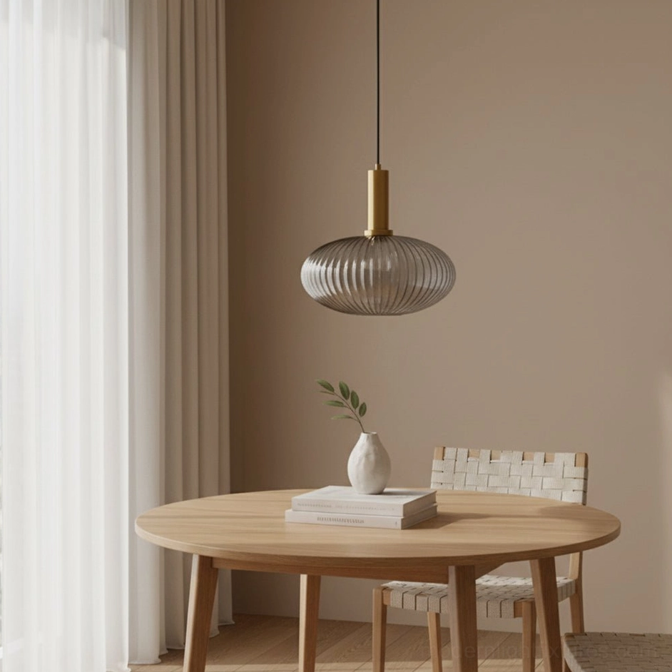 Green ribbed glass pendant lamp botanical color suspended in contemporary living room interior with modern pendant lighting