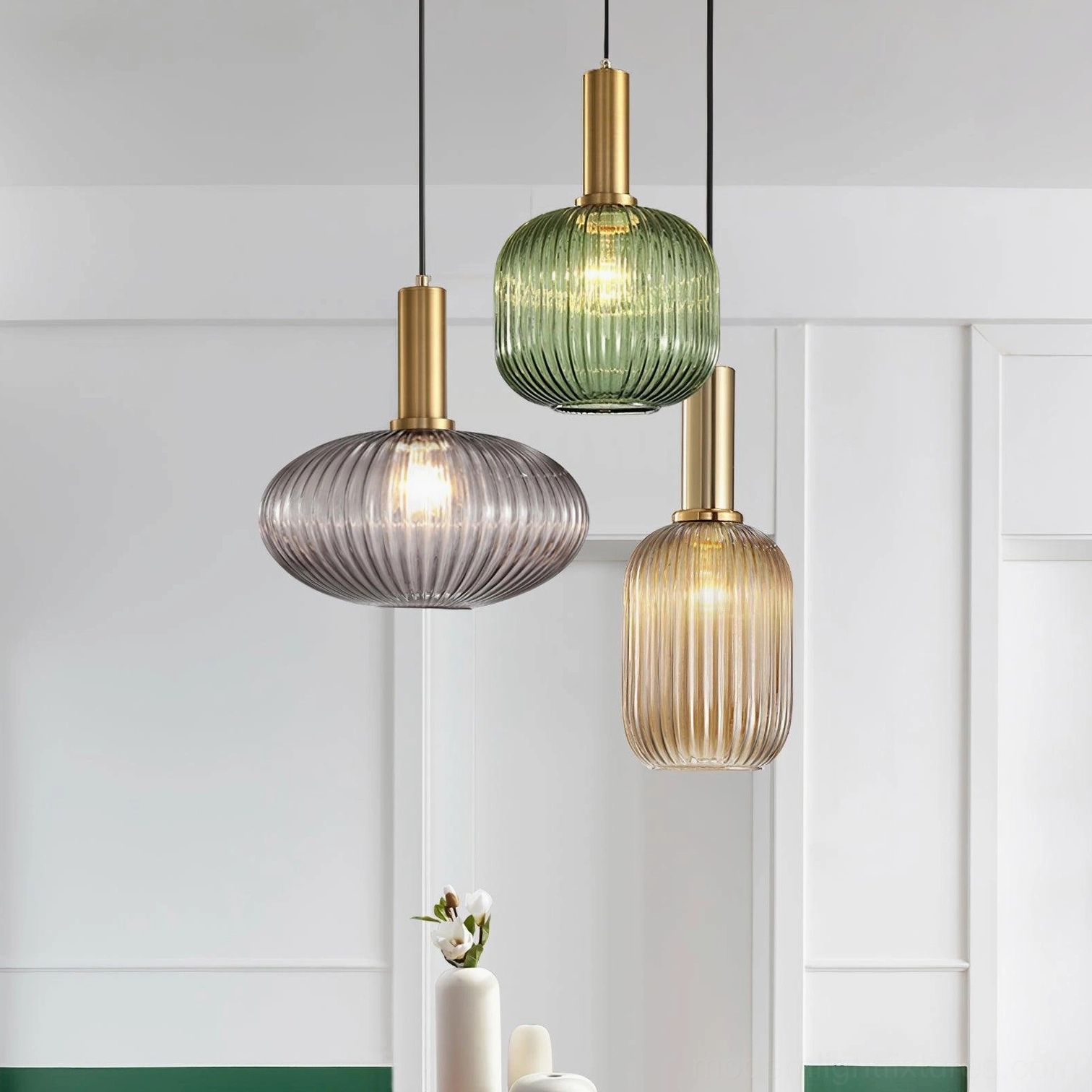 Green ribbed glass pendant lamp single fixture display showing botanical finish and vertical glass ribbing texture