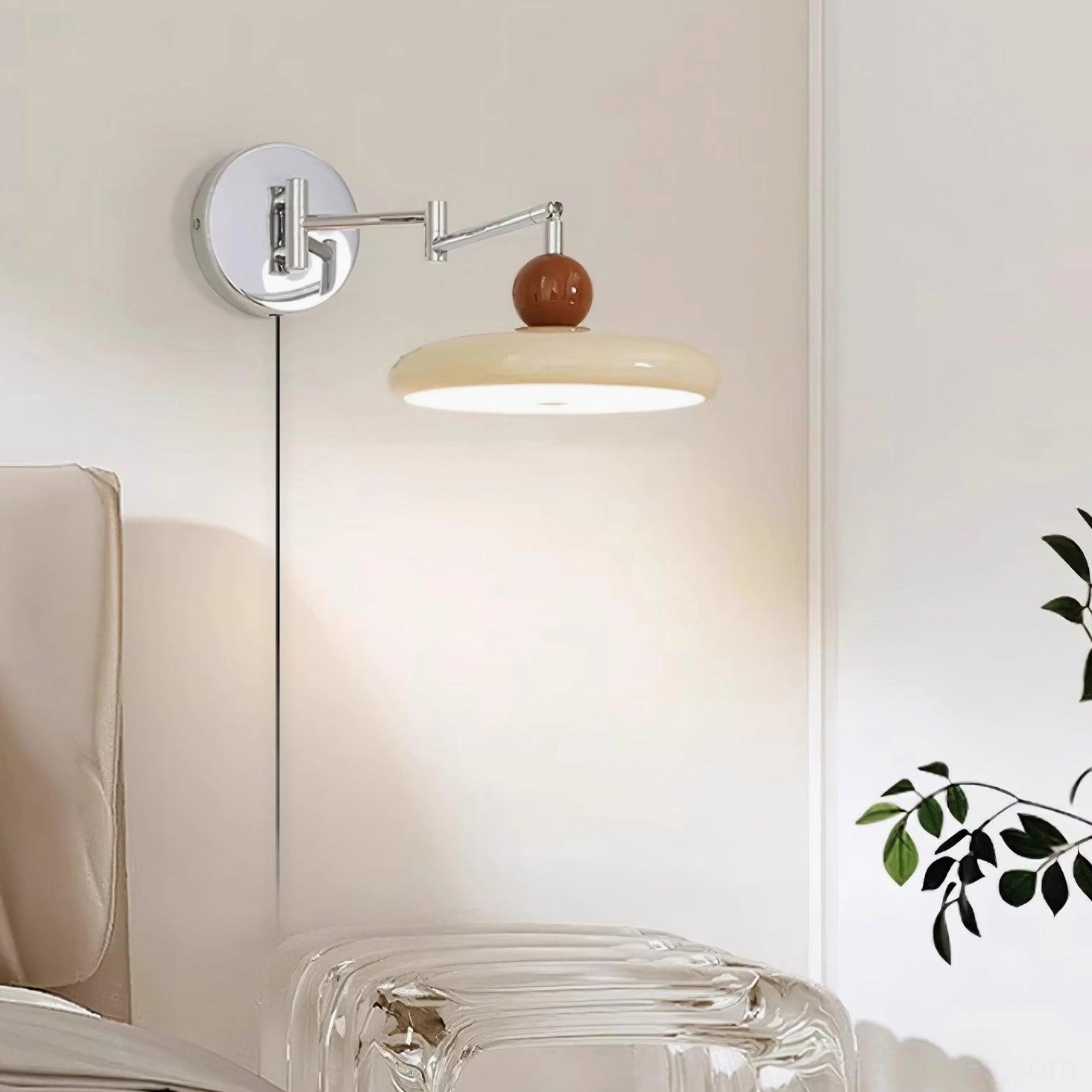 Contemporary adjustable wall sconce with green shade option, chrome hardware and wooden accent detail