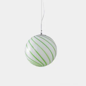 Hand-blown spiral stripe glass pendant light in green and white, front view showcasing the spherical glass globe design with fine artisan craftsmanship