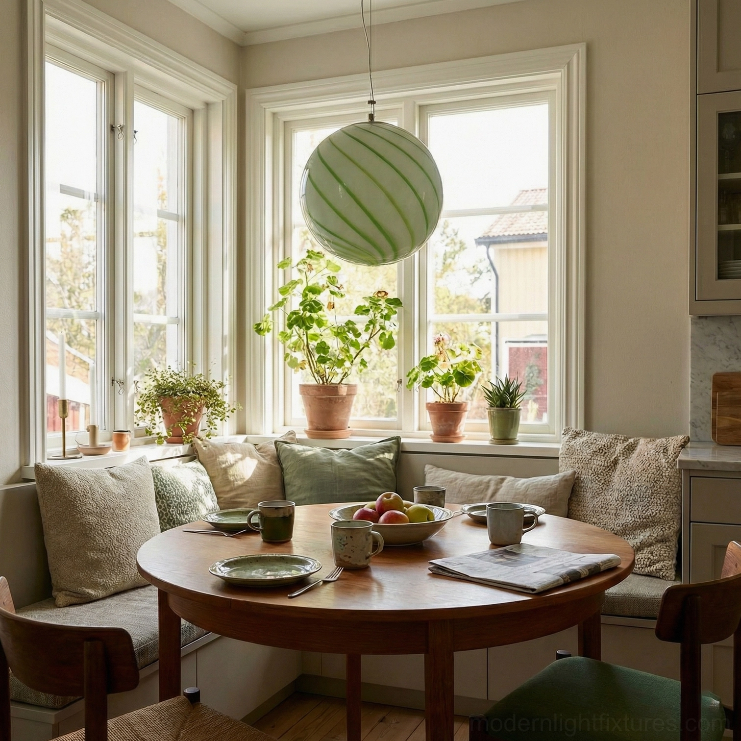 Green spiral stripe pendant light hanging above round wooden dining table in bay window with natural light and plants