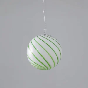 Green and white spiral stripe pendant lamp displayed at angle, highlighting the intricate hand-painted stripe pattern and glass texture details