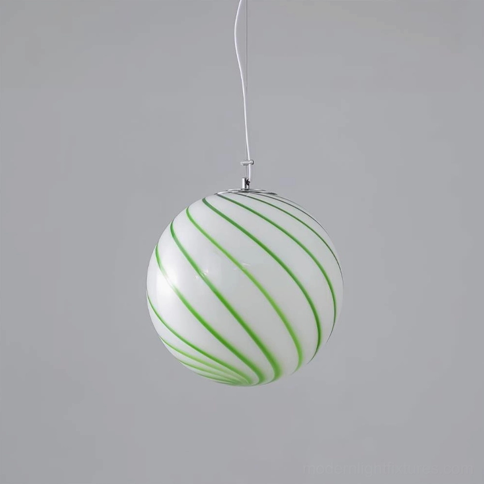 Green and white spiral stripe pendant lamp displayed at angle, highlighting the intricate hand-painted stripe pattern and glass texture details