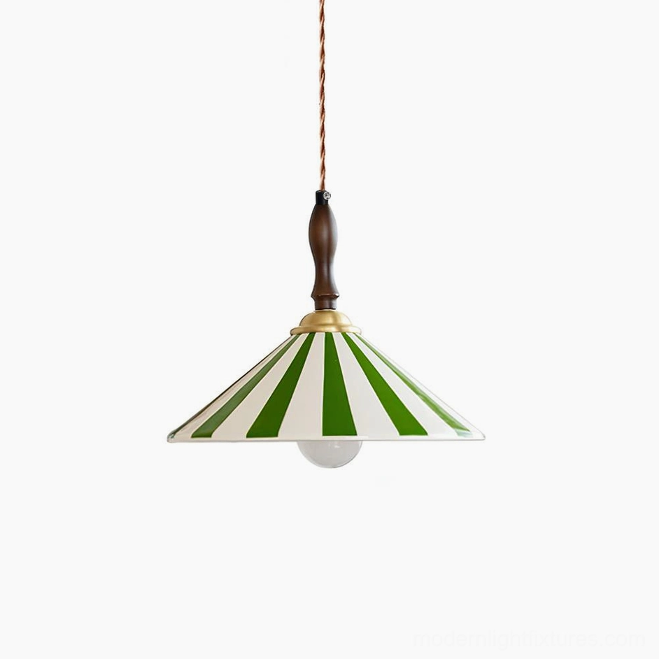 Green and white striped ceramic pendant light with twisted brown cord and wooden fixture hardware on clean white studio background